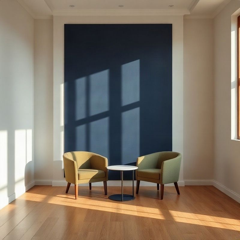 Quiet consultation room interior with indigo accent wall and warm afternoon light
